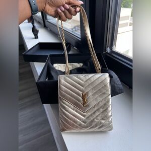 YVES SAINT LAURENT (YSL) DOUBLE FLAP BAG IN METALLIC GOLD